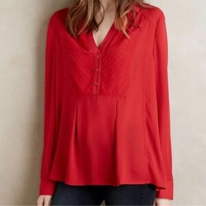Anthropologie | Maeve Red De Stijl Half Button Up Long Sleeve Collared Blouse